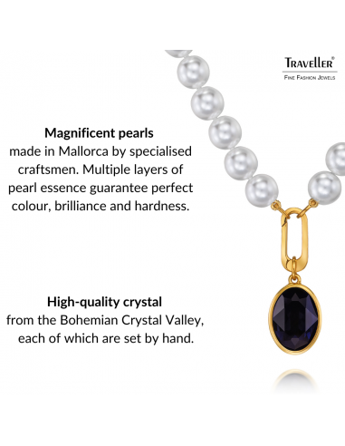 Traveller Pearl Necklace with Pendant - Pearls - 10mm - White - Crystal - Dark Blue - Oval - 45cm - Gold Plated - 114326