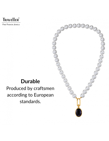 Traveller Pearl Necklace with Pendant - Pearls - 10mm - White - Crystal - Dark Blue - Oval - 45cm - Gold Plated - 114326
