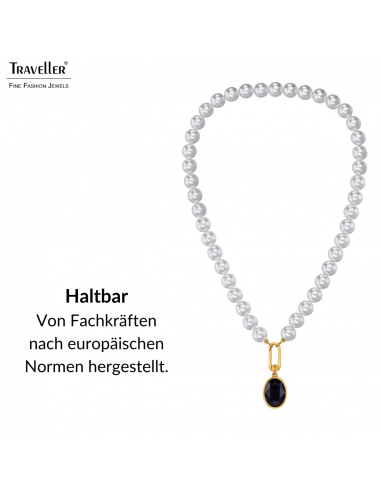 Traveller Perlenkette mit Anhänger - Perlen - 10mm - Weiß - Kristall - Dunkelblau- Oval - 45cm - Vergoldet - 114326