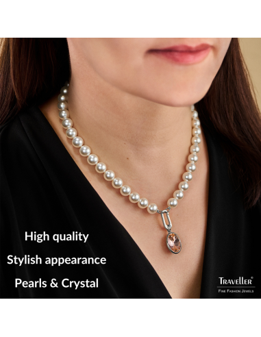Traveller Pearl Necklace with Pendant - Pearls - 10mm - White - Crystal - Pink - Oval - 45cm - Plated - 114328