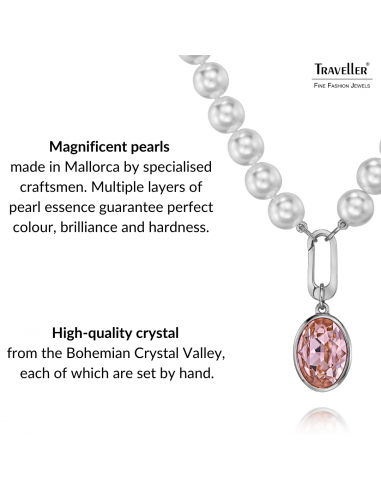 Traveller Pearl Necklace with Pendant - Pearls - 10mm - White - Crystal - Pink - Oval - 45cm - Plated - 114328
