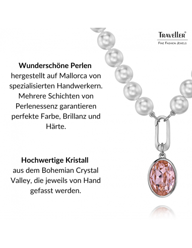 Traveller Perlenkette mit Anhänger - Perlen - 10mm - Weiß - Kristall - Rosa - Oval - 45cm - Platiniert - 114328