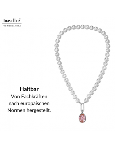 Traveller Perlenkette mit Anhänger - Perlen - 10mm - Weiß - Kristall - Rosa - Oval - 45cm - Platiniert - 114328