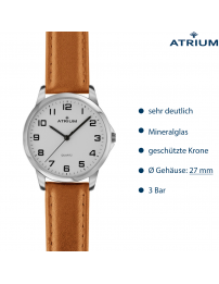 ATRIUM Armbanduhr - Damen - Analog - Silberfarben - Leder Hellbraun - Klare Zifferblatt - 27 mm - A37-17