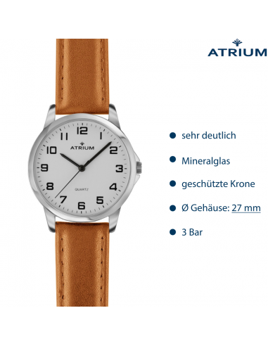 ATRIUM Armbanduhr - Damen - Analog - Silberfarben - Leder Hellbraun - Klare Zifferblatt - 27 mm - A37-17