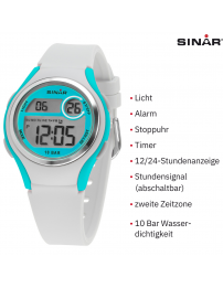 Sinar Uhr - Digital - Weiß/Türkis - 10 Bar wasserdicht - Ø 36 mm - Verstellbares Armband (13-18.5 cm) - XE-64-0