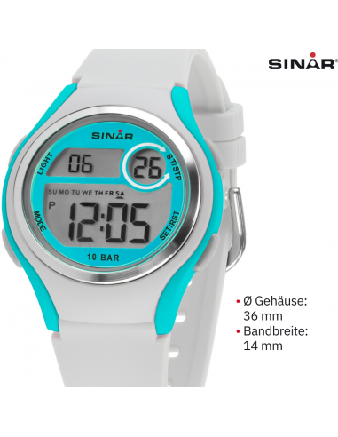 Sinar Uhr - Digital - Weiß/Türkis - 10 Bar wasserdicht - Ø 36 mm - Verstellbares Armband (13-18.5 cm) - XE-64-0