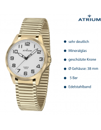 ATRIUM Armbanduhr - Herren - Vergoldet - Zugband aus  Edelstahl (19,5cm) - 5 Bar - Klar - Quartz - A48-60