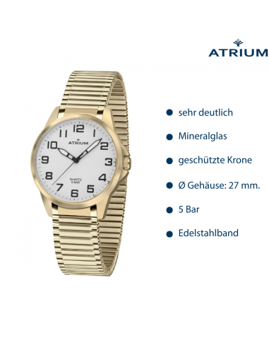 ATRIUM Armbanduhr - Damen - Vergoldet - Zugband aus  Edelstahl (18cm) - 5 Bar - Klar - Quartz - A49-60