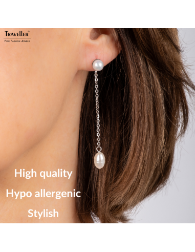 Traveller Drop Earrings - Silver Coloured - Freshwater Pearls - White - 6 and 10x6 mm - Stainless Steel - 181276