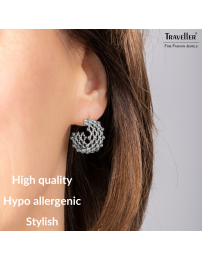 Traveller Earrings - Silver Coloured - 2/3 Hoop - Grid - Stainless Steel - 20 x 12 mm - 181289