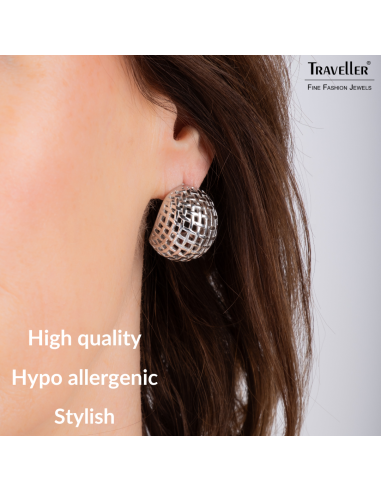 Traveller Earrings - Silver Coloured - Rounded Grid - Stainless Steel - 23 x 20 mm - 181291