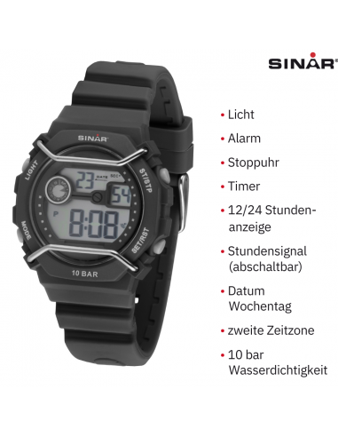 Sinar Uhr - Digital - Schwarz / Grau - 10 Bar wasserdicht - Ø 40 mm - Verstellbares Armband (14-19.5 cm) - XE-69-1