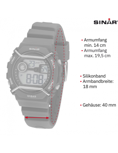 Sinar Uhr - Digital - Schwarz / Grau - 10 Bar wasserdicht - Ø 40 mm - Verstellbares Armband (14-19.5 cm) - XE-69-1