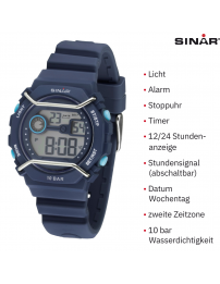 Sinar Uhr - Digital - Dunkelblau - 10 Bar wasserdicht - Ø 40 mm - Verstellbares Armband (14-19.5 cm) - XE-69-2