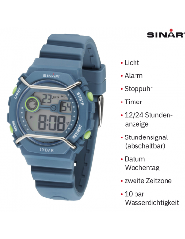 Sinar Uhr - Digital - Hellblau - 10 Bar wasserdicht - Ø 40 mm - Verstellbares Armband (14-19.5 cm) - XE-69-5