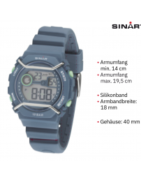 Sinar Uhr - Digital - Hellblau - 10 Bar wasserdicht - Ø 40 mm - Verstellbares Armband (14-19.5 cm) - XE-69-5