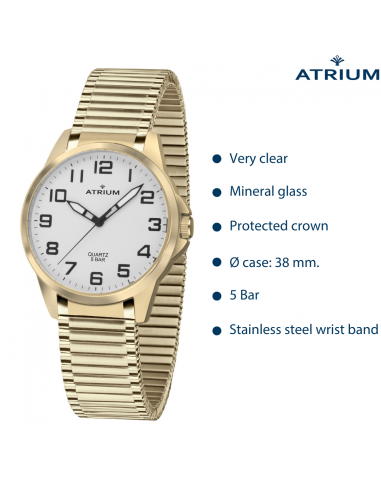 ATRIUM Horloge - Men - Gold Plated -  Flexible Stainless Steel Stretch Band (19,5cm) - 5 Bar - Clear - Quartz - A48-60