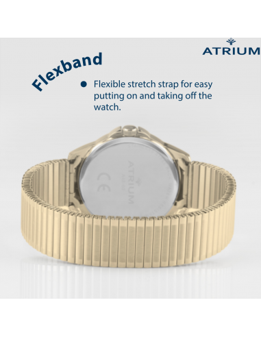 ATRIUM Horloge - Men - Gold Plated -  Flexible Stainless Steel Stretch Band (19,5cm) - 5 Bar - Clear - Quartz - A48-60