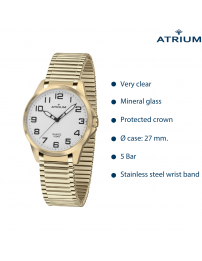 ATRIUM Watch - Women - Gold Plated -  Flexible Stainless Steel Stretch Band (18cm) - 5 Bar - Clear - Quartz - A48-60