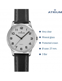 ATRIUM Watch - Ladies - Analogue - Silver Coloured - Black Leather - Clear Dial - 27 mm - A37-10