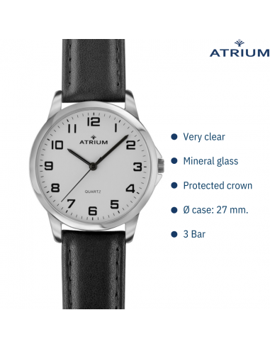 ATRIUM Watch - Ladies - Analogue - Silver Coloured - Black Leather - Clear Dial - 27 mm - A37-10