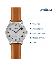 ATRIUM Watch - Ladies - Analogue - Silver Coloured - Light Brown Leather Strap - Clear Dial - 27 mm - A37-17