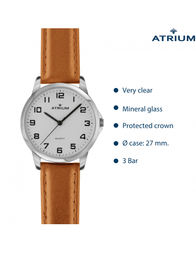 ATRIUM Watch - Ladies - Analogue - Silver Coloured - Light Brown Leather Strap - Clear Dial - 27 mm - A37-17