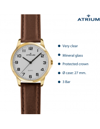 ATRIUM Watch - Ladies - Analogue - Gold Coloured - Brown Leather Strap - Clear Dial - 27 mm - A37-27