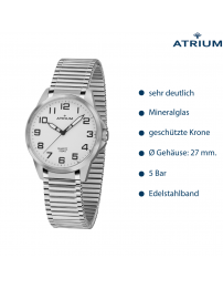 ATRIUM Armbanduhr - Damen - Silberfarben - Zugband aus  Edelstahl (18cm) - 5 Bar - Klar - Quartz - A49-50