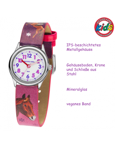 Jacques Farel Kinderuhr - Pferd - Rosa & Lila - Silberfarben - Analog - 3 Bar - Verstellbares Band 12.5-17cm - HCC543