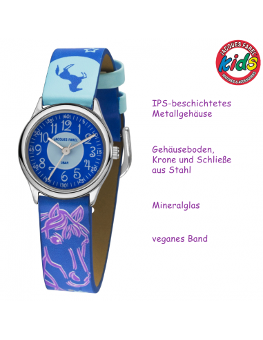 Jacques Farel Kinderuhr - Pferd - Blau & Lila - Silberfarben - Analog - 3 Bar - Verstellbares Band 12.5-17cm - HCC338