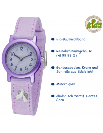 Jacques Farel ECO Kinderuhr - Pferd - Flieder - CO2-neutral - Bio-Baumwolle - 3 Bar - Verstellbares Armband - ORG8820