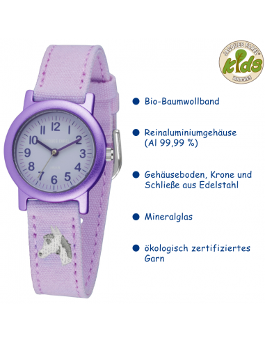 Jacques Farel ECO Kinderuhr - Pferd - Flieder - CO2-neutral - Bio-Baumwolle - 3 Bar - Verstellbares Armband - ORG8820