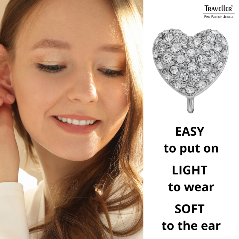 Traveller Clip-on Earrings - Silver Coloured - Heart - Crystals - Platinum Plated - 11x10mm - 157797 