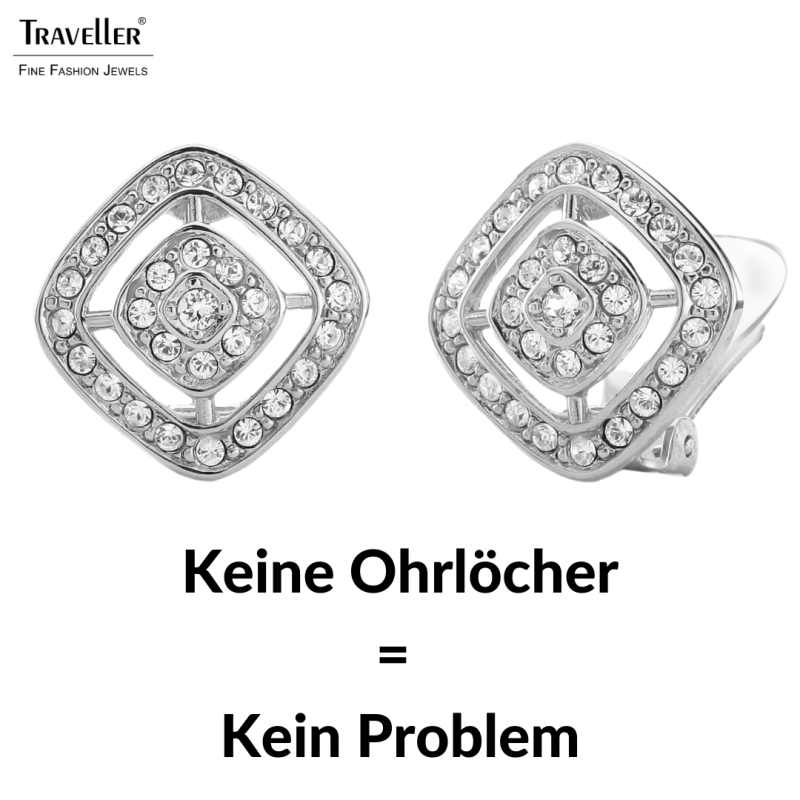 Traveller Ohrclip -  Silberfarben - Kristalle - Quadrat - Ø 17mm - Platiniert - 157015