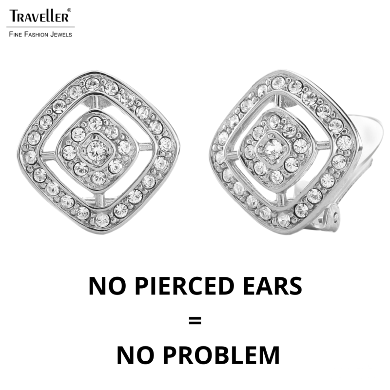 Traveller Clip-on Earrings - Silver Coloured - Crystals - Square - Ø 17mm - Platinum Plated - 157015