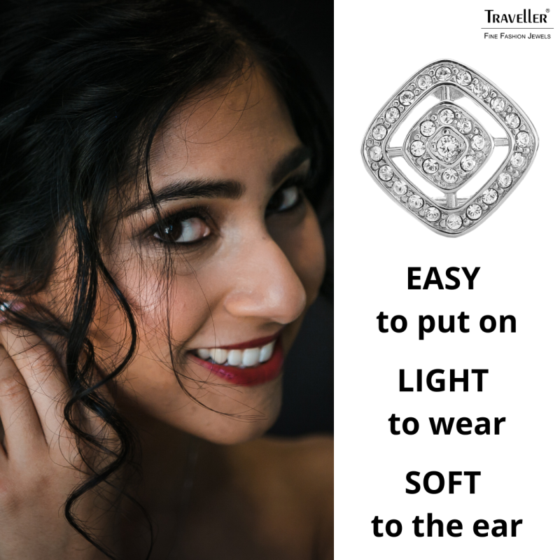 Traveller Clip-on Earrings - Silver Coloured - Crystals - Square - Ø 17mm - Platinum Plated - 157015