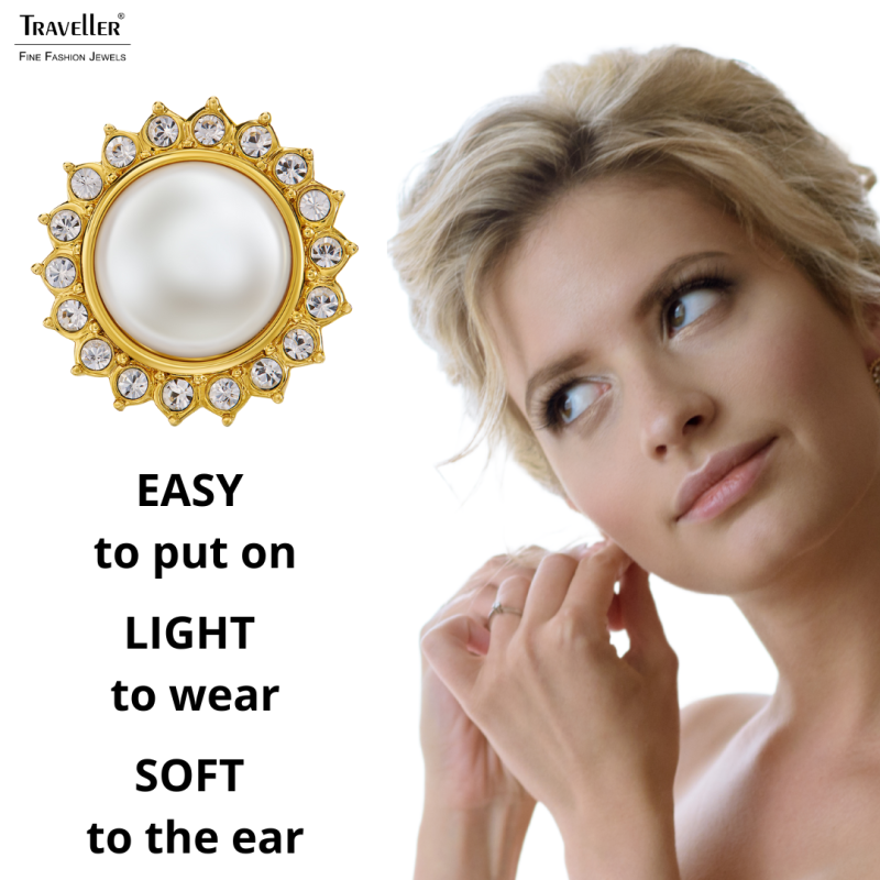 Traveller Clip-on Earrings - 22ct Gold Plated - Pearl  Ø 12mm - White - Crystals - Sun - Ø 20mm - 114335