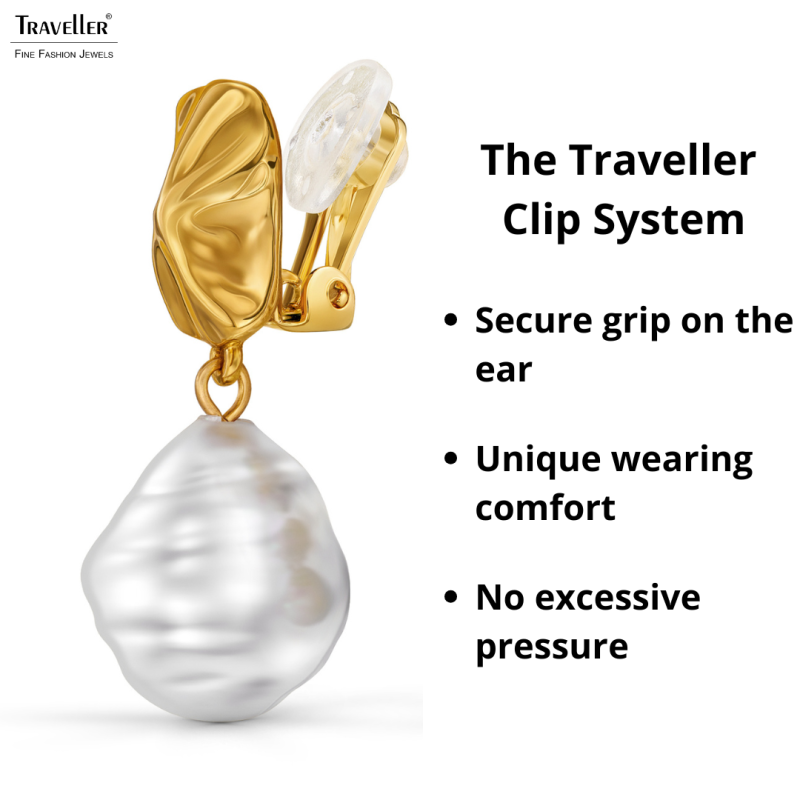 Traveller Clip-on Earrings - Drop Earrings - 22ct Gold Plated - Pearl - 14x12 mm - White -  30x12 mm - 114337