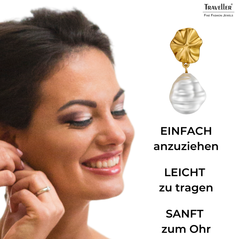 Traveller Ohrclips - Hänger - 22kt Vergoldet - Perle - 14x12 mm - Weiß -  30x12 mm - 114337
