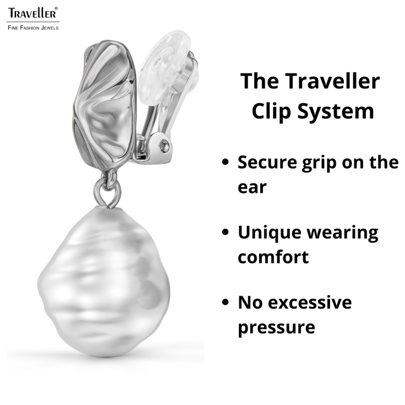 Traveller Clip-on Earrings - Drop Earring - Silver Coloured - Pearl - 14x12mm - White - Platinum Plated - 30x12mm- 114338