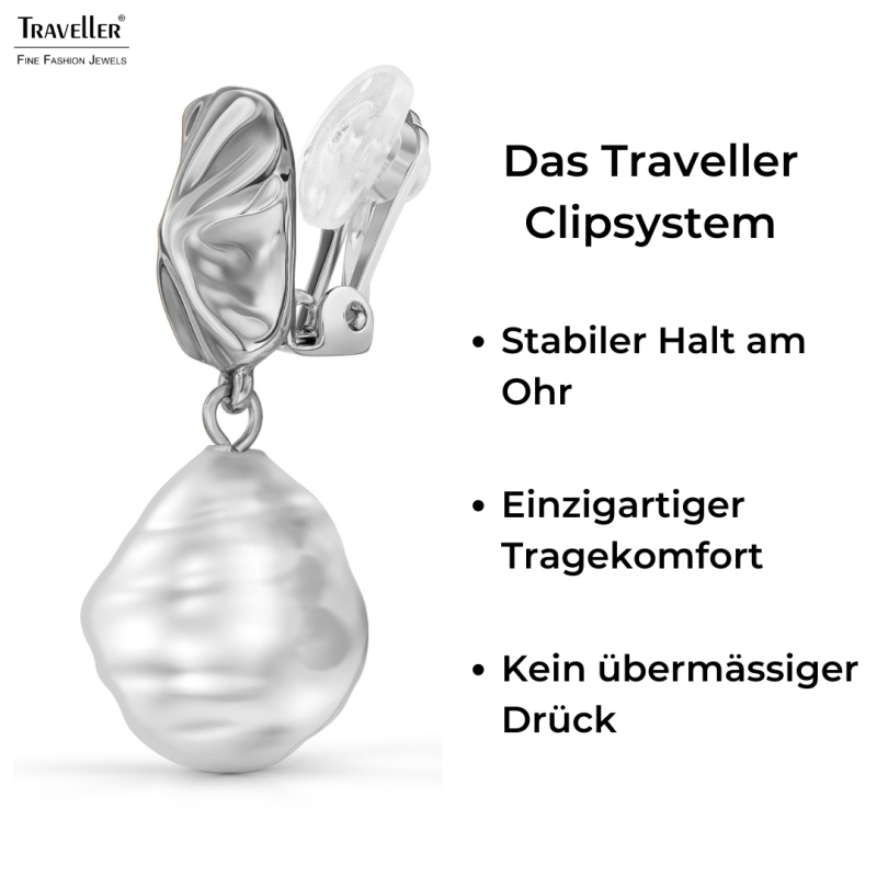 Traveller Ohrclips - Hänger - Silberfarben - Perle - 14x12 mm - Weiß -  Platiniert - 30x12 mm - 114338