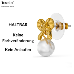 Traveller Ohrstecker - 22kt Vergoldet - Perle - Ø 8mm - Weiß - Schleife - 17x14 mm - 114339