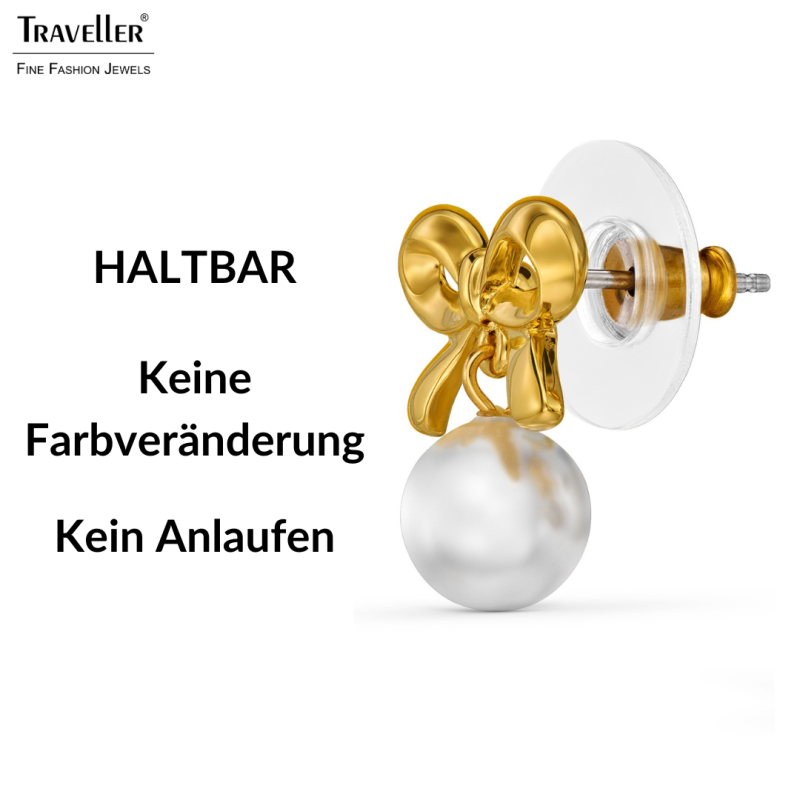 Traveller Ohrstecker - 22kt Vergoldet - Perle - Ø 8mm - Weiß - Schleife - 17x14 mm - 114339