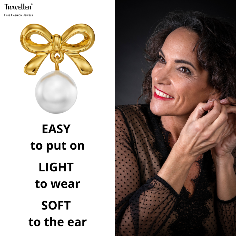 Traveller Earrings - 22ct Gold Plated - Pearl - Ø 8mm - White - Bow - 17x14 mm - 114339