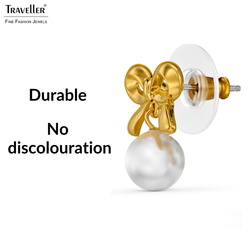 Traveller Earrings - 22ct Gold Plated - Pearl - Ø 8mm - White - Bow - 17x14 mm - 114339