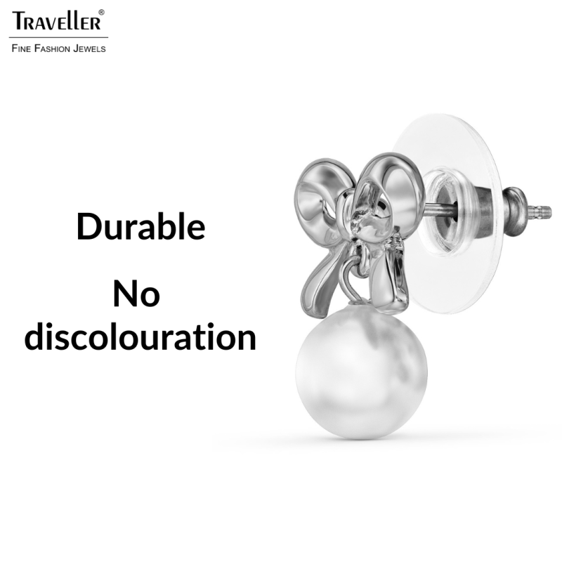 Traveller Earrings - Silver Coloured - Pearl - Ø 8mm - White - Bow - Platinum Plated - 17x14 mm - 114340