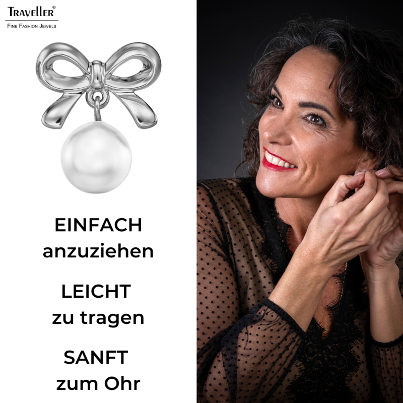 Traveller Ohrstecker - Silberfarben - Perle - Ø 8mm - Weiß - Schleife - Platiniert - 17x14 mm - 114340