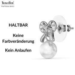 Traveller Ohrstecker - Silberfarben - Perle - Ø 8mm - Weiß - Schleife - Platiniert - 17x14 mm - 114340